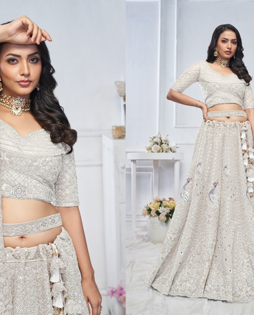 01WHITE - White Designer Embroidered Bridal Wear Lehenga Choli